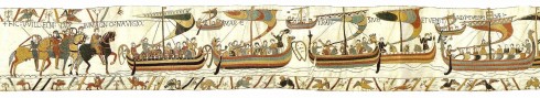 William Erobreren på vei for å gjøre krav på den engelske tronen. Scene fra Bayeux-teppet som ble brodert rundt år 1070. Kilde: Wikipedia London, Bayeux-teppet, Museum of London, British Museum, romerne, middelalder, historisk, Unescos liste over Verdensarven, Tower, England Storbritannia