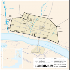 Kart over romertidens Londinium cirka år 400. Navn på byporter som Ludgate, Newgate, Cripplegate, Bishopsgate og Alsgate kom til i middelalderen, da den gamle romerske muren fremdeles var i bruk. Disse navnene finner du ennå i City, selv om byportene er borte. Autor: Fremantleboy / Wikipedia Londinium, London, romertid, British Museum, romerne, middelalder, historisk, Unescos liste over Verdensarven, Tower, England Storbritannia
