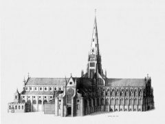 Slik så den gamle St Paul's Cethedral ut, som ble ødelagt i bybrannen i år 1666. Illustrasjon: Wenceslas Hollar / Bob Castle / Wikipedia London, Old St Paul's Cathedral, British Museum, romerne, middelalder, historisk, Unescos liste over Verdensarven, Tower, England Storbritannia