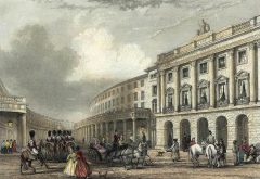 The Quadrant nederst i Regent's Street sett fra Piccadilly Circus. Gravering fra år 1837 etter J. Salmon / Wikipedia Quadrant, Regent Street, London, British Museum, romerne, middelalder, historisk, Unescos liste over Verdensarven, Tower, England Storbritannia