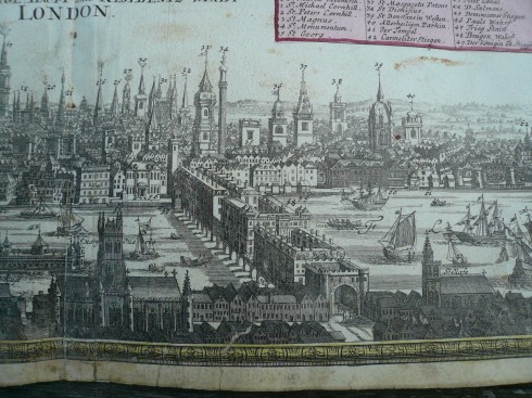 Southwark Cathedral fra år 1212, da den fremdeles var soknekirke. Fra det såkalte Homann Heirs-trykket fra år 1730 - London Bridge til høyre. Foto: www.antiquemaps-fair.com London Soutwark Cathedral, London, British Museum, romerne, middelader, historisk, Unescos liste over Verdensarven, Tower, England Storbritannia