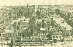 Westminster Palace slik det så ut under Henrik den VIII. på begynnelsen av 1500-tallet. Westminster Hall er den tverrgående bygningen til høyre i det nærmeste komplekset, som brant i år 1512. Kilde: Wikipedia London, Westminster Palace, London, British Museum, romerne, middelader, historisk, Unescos liste over Verdensarven, Tower, England Storbritannia