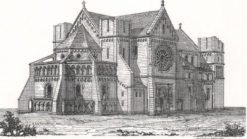 Illustrasjon av den romanske Heinrichmünster eller Basler Kaiserdom. Foto: Emanuel La Roche, Das Münster vor und nach dem Erdbeben, Beiträge zur Geschichte des Basler Münsters III, Tafel 3, Basel 1885 / © baslermuenster.ch Basel, Kaiserdom, Münster, Augusta Raurica, Rhinen, romertid, middelalder, kulturseverdigheter, gamlebyen, marktplatz, Sveits