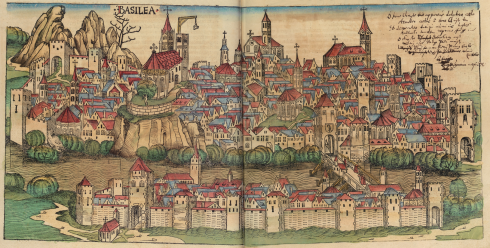 Illustrasjon av Basel i Schedel's 'Weltchronik, også kalt Nürnberg Chroniken fra år 1493. Kilde: Wikipedia Basel, Münster, Augusta Raurica, Rhinen, romertid, middelalder, kulturseverdigheter, gamlebyen, marktplatz, Sveits