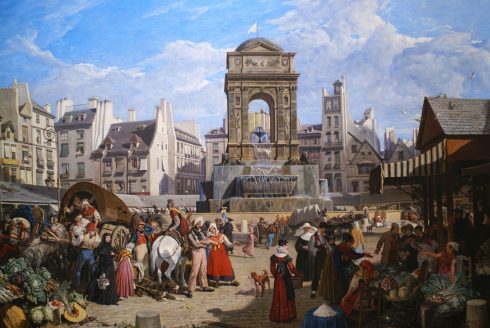 Fontenen Saints-Innocents malt i begynnelsen av 1800-tallet med markedet av samme navn av John James Chalon. Kilde: Wikipedia Paris, Hôtel de Cluny, romertid, Ile de Cité, Notre Dame, middelalder, Tuilerie, obelisken, Ile de France, Unescos liste over Verdensarven, Seinen, Nord-Frankrike, Frankrike