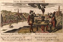 Et gammelt kobberstikk antyder at Vårherre har hatt en finger med i spillet under vinproduksjonen. Burg Rheinfels og St. Goar til venstre. Tørste karer til høyre. Kilde: Wikipedia Rhinen, Burg Rhenfels, Rheintal, romertid, middelalder, Unescos liste over Verdensarven, Vest-Tyskland
