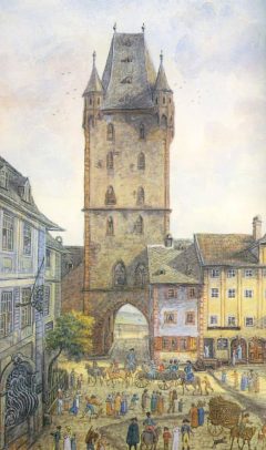 Landesmuseums samlinger omfatter også malerier - her byporten Holzturm malt av Franz von Kesselstadt rundt år 1800. Holzturm står den dag i dag. Foto: Martin Bahmann / Wikipedia Mainz - Landesmuseum Mainz, Gutenberg, Worms, Speyer, Dom St. Martin, Kaiser, Kurfyrster, Moguntiacum, romertid middelalder, renessanse, barokk, Rhinen, Tyskland
