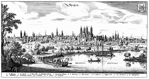 Slik så Speyer ut anno 1637 i følge illustratøren Merian. På den lille høyden hvor Kaiserdom ligger, bygde romerne sin første befestning. Kilde: Wikipedia Speyer, Altstadt, Unescos liste over Verdenarven, romertid, Altpörtel, Rhinen, Kaiserdom, jødenes Shphira, middelalder, Vest-Tyskland