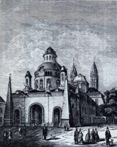 Speyers Kaiserdom har en gang sett slik ut - på slutten av 1700-tallet fikk den takket være Nuemann en merkelig barokkfasade med spisse tårn i vestverket. Kilde: Wikipedia Speyer, Altstadt, Unescos liste over Verdenarven, romertid, Altpörtel, Rhinen, Kaiserdom, jødenes Shphira, middelalder, Vest-Tyskland