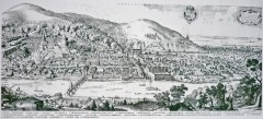 Slik så Heidelberg ut rundt år 1620, cirka 70 år før ødeleggelsen, etter illustrasjon av Merian. Kilde: Wikipedia Heidelberg, Schloss, Altstadt, Marktplatz, Alte Brücke, Neckar, Schloss Heidelberg, Unescos liste over Verdensarven, Baden-Württemberg, Sør-Tyskland