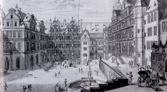 Slik så borggården ut i år 1683, ti år før ødeleggelsen. Illustrasjon av Ulrich Kraus / Wikipedia Heidelberg, Schloss, Altstadt, Marktplatz, Alte Brücke, Neckar, Schloss Heidelberg, Unescos liste over Verdensarven, Baden-Württemberg, Sør-Tyskland