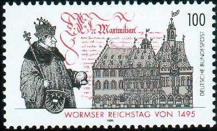 Det ble avholdt mange Riksdager i Worms - her jubileums-frimerke for år 1495 -1995. Kilde: Wikipedia Worms, Rhinen, Mainz, Kaiserdom, Dom St. Peter, jødene, Heiliger Sand, synagoge, Mikwah, romansk arkitektur, Kaiser, Kurfyrster, romertid, middelalder, renessanse, barokk, Speyer, Mainz, Vest-Tyskland