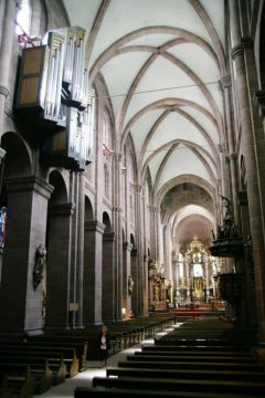 Kaiseroms interiør er harmonisk og helhetlig, Fra annenhvar pilar følger det halvsøyle helt opp til taket, som markerer faget i tønnehvelvet, samtidig som et ribbehvelv krysser. Foto: © reisdit.no Worms, Rhinen, Mainz, Kaiserdom, Dom St. Peter, jødene, Heiliger Sand, synagoge, Mikwah, romansk arkitektur, Kaiser, Kurfyrster, romertid, middelalder, renessanse, barokk, Speyer, Mainz, Vest-Tyskland