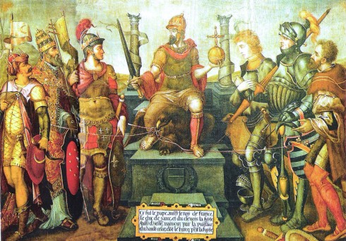 En allegori over Karl den V. og hans beseirede fiender - maleri fra 1500-tallet. Rundt ham står Suleiman, Pave Clemens VII, Francis I, hertugen av Kleve, hertugen av Saxen og Philip I, landgreve av Hessen. Kilde: Wikipedia Granada, Alhambra, Generalife, Barrio del Albaicín, Bib-Rambla, Plaza Nueva, Capilla Real, Santa Ana, San Nicholas, San Miguel de Bajo, Unescos liste over Verdensarven, Andalucia, Spania