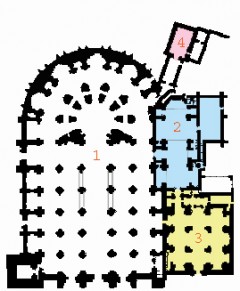 Omriss av katedralen 1 med Capilla Real og La Lonja på utsiden 2, mens Parroquial del Sagrario er markert med 3. Utstikkeren med sakristiet er merket med 4. Kilde: Wikipedia Granada, Alhambra, Generalife, Barrio del Albaicín, Bib-Rambla, Plaza Nueva, Capilla Real, Santa Ana, San Nicholas, San Miguel de Bajo, Unescos liste over Verdensarven, Andalucia, Spania
