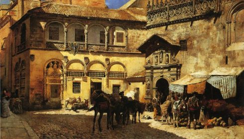 Dette maleriet fra plassen ved katedralen og Capilla Real ble malt av Lord Edwin Weeks helt på tampen av 1800-tallet. Du vil kjenne deg igjen. Kilde: Wikipedia Granada, Alhambra, Generalife, Barrio del Albaicín, Bib-Rambla, Plaza Nueva, Capilla Real, Santa Ana, San Nicholas, San Miguel de Bajo, Unescos liste over Verdensarven, Andalucia, Spania