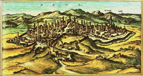 Republikken Siena varte til år 1555 - omtrent på den tiden denne illustrasjonen ble lagd. Foto: Galiano.M / Wikipedia Siena, Unescos liste over Verdensarven, historisk, etruskere, middelalder, gamleby, romensk, gotisk, katedral, Toscana, Midt-Italia, Italia