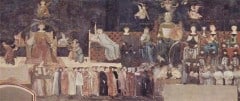 Ambrogio Lorenzettis freske "Allegorier over godt og dårlig styre" - her den ene fresken som illustrerer dårlig styre. Foto: The Yorck Project / Wikipedia Siena, Unescos liste over Verdensarven, historisk, etruskere, middelalder, gamleby, romensk, gotisk, katedral, Toscana, Midt-Italia, Italia