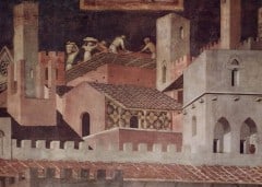 Her detalj fra den andre fresken - godt styre malt av Ambrogio Lorenzetti i år 1338. Foto: The Yorck Project / Wikipedia Siena, Unescos liste over Verdensarven, historisk, etruskere, middelalder, gamleby, romensk, gotisk, katedral, Toscana, Midt-Italia, Italia