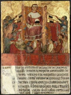 Biccherna - boksomslag fra år 1364 av treplate malt i tempera av Lippo Vanni. Foto: Museum of Fine Arts Boston / Wikipedia Siena, Unescos liste over Verdensarven, historisk, etruskere, middelalder, gamleby, romensk, gotisk, katedral, Toscana, Midt-Italia, Italia