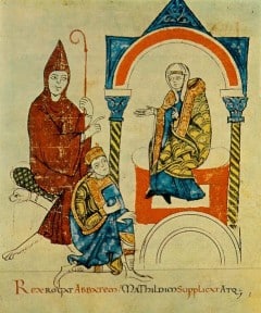 Mathilde av Toscana slår av en passiar med keiser Henrik den IV. og Bernhard av Cluny. Fra et Codex produsert i år 1115. Kilde Wikipedia Siena, Unescos liste over Verdensarven, historisk, etruskere, middelalder, gamleby, romensk, gotisk, katedral, Toscana, Midt-Italia, Italia