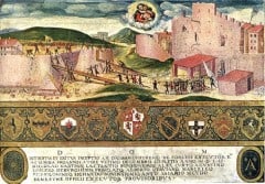 I samlingene til Palazzo Piccolomini: Spanjolene ødelegger fortezza i år 1552, før den 18 måneder lange beileiringen. Av Giorgio Di Giovanni fra samme år. Kilde: Wikipedia Siena, Unescos liste over Verdensarven, historisk, etruskere, middelalder, gamleby, romensk, gotisk, katedral, Toscana, Midt-Italia, Italia