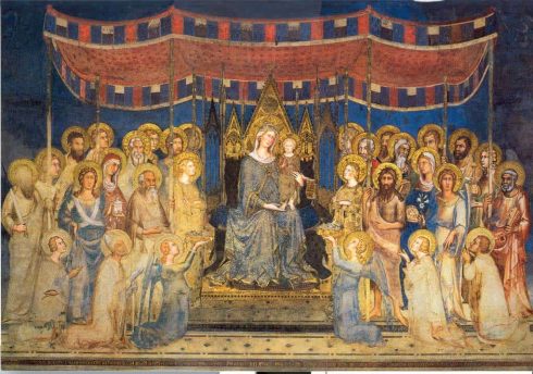 Den 700 år gamle Maestà av Simone Martini ble malt som en veggfreske i Palazzo Pubblico i perioden år 1315 til 1321. Kilde: Wikipedia Siena, Unescos liste over Verdensarven, historisk, etruskere, middelalder, gamleby, romensk, gotisk, katedral, Toscana, Midt-Italia, Italia