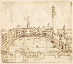 Illustrasjon av Sienas Piazza del Campo fra år 1578. Foto: Universitätsbibliothek Salzburg / Wikipedia Siena, Unescos liste over Verdensarven, historisk, etruskere, middelalder, gamleby, romensk, gotisk, katedral, Toscana, Midt-Italia, Italia