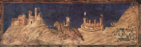 Leiesoldaten Guidiriccio di Fogliano til hest malt av Simone Martini i år 1330. Foto: The Yorck Project / Wikipedia Siena, Unescos liste over Verdensarven, historisk, etruskere, middelalder, gamleby, romensk, gotisk, katedral, Toscana, Midt-Italia, Italia