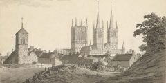 Lincoln Cathedral slik den fremsto år 1784 - legg merke til de spisse tårnene. Foto: © www.countyassemblyrooms.co.uk Lincoln, High Bridge, Lincoln Cathedral, Minster, England, Brayford Pool, romertid, middelalder, Castle Hill, Magna Carta, Steep Hill, Bailgate, early british gothic
