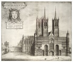 Wenceslas Hollars illustrasjon av Lincoln Cathedral cirka år 1660, sett fra vest. Kilde: Wikipedia Lincoln, Cathedral, Minster, Newport Arch, Bailgate, Castle Hill, England, Brayford Pool, romertid, middelalder, Castle Hill, Magna Carta, Steep Hill, early british gothic