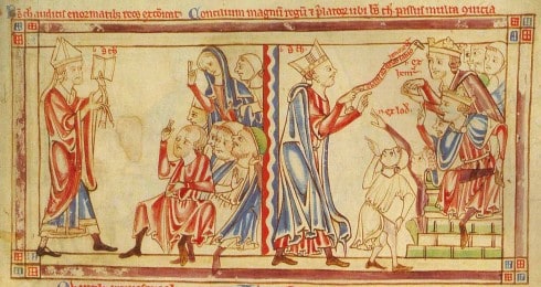 Thomas Becket bannlyser de geistlige, og møter hos kongen. Illustrasjoner fra 1220-1240. Kilde: Wikipedia Canterbury, Cathedral, West gate, Christ Church Gate, Minster, Thomas Beckett, England, River Stour, The Weavers, romertid, middelalder, early british gothic, Storbritannia