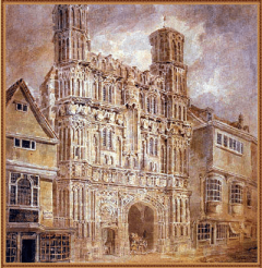 Joseph Mallord William Turner likte Christ Church gate så godt at han malte den - vel å merke på lerrett. Kilde: Wikipedia Canterbury, Cathedral, West gate, Christ Church Gate, Minster, Thomas Beckett, England, River Stour, The Old Weavers House, romertid, middelalder, early british gothic, Storbritannia
