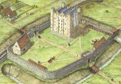 Canterburys Norman castle slik den fremstod som nybygd. Illustrasjon: © John Atherton Bowen / Canterbury Archaeological Trust 2015 Canterbury, Cathedral, West gate, Christ Church Gate, Minster, Thomas Beckett, England, River Stour, The Weavers, romertid, middelalder, early british gothic, Storbritannia