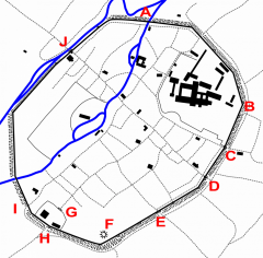 Kart over Canterbury anno år 1500. Bokstavhenvisninger er forklart i teksten til venstre. Foto: Hchc 2009 / Wikipedia CC-BY-SA-3.0 Canterbury, Cathedral, West gate, Christ Church Gate, Minster, Thomas Beckett, England, River Stour, The Old Weavers House, romertid, middelalder, early british gothic, Storbritannia