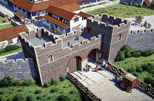 Romerne forsterket bymurene på slutten av 200-tallet - denne byporten fra ca år 300 ble stående til middelalderen og fikk navnet Ridinggate. Illustrasjon: © John Atherton Bowen / Canterbury Archaeological Trust 2015 Canterbury, Cathedral, West gate, Christ Church Gate, Minster, Thomas Beckett, England, River Stour, The Weavers, romertid, middelalder, early british gothic, Storbritannia
