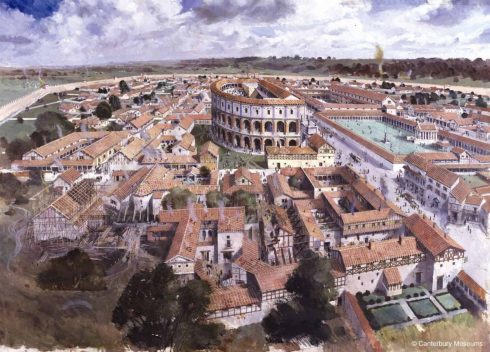 Illustrasjon av slik arkeologene ser for seg Canterbury på 300-tallet. Illustrasjon: © Canterbury Museums Canterbury, Cathedral, West gate, Christ Church Gate, Minster, Thomas Beckett, England, River Stour, The Weavers, romertid, middelalder, early british gothic, Storbritannia
