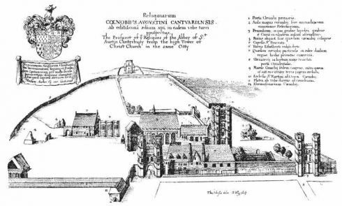 St Augustine's Abbey, kanskje et stykke ut på 1300-tallet. Legg merke til porten til høyre. Kilde: www.anglicanhistory.org Canterbury, Cathedral, West gate, Christ Church Gate, Minster, Thomas Beckett, England, River Stour, The Old Weavers House, romertid, middelalder, early british gothic, Storbritannia