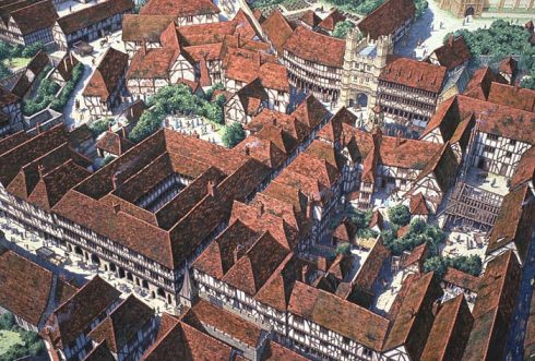 Canterbury under Tudor-tiden cirka år 1500 - dette året fylte den senere kongen Henrik den 8. syv år. Illustrasjon: © John Atherton Bowen / Canterbury Archaeological Trust 2015 Canterbury, Cathedral, West gate, Christ Church Gate, Minster, Thomas Beckett, England, River Stour, The Weavers, romertid, middelalder, early british gothic, Storbritannia