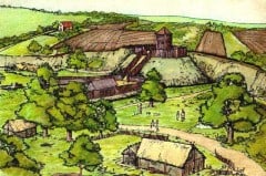 Canterbury rundt år 1070, 4 år etter at normannerkongen William har erobret England. Illustrasjon: © Laurie Sartin / Canterbury Archaeological Trust 2015 Canterbury, Cathedral, West gate, Christ Church Gate, Minster, Thomas Beckett, England, River Stour, The Weavers, romertid, middelalder, early british gothic, Storbritannia