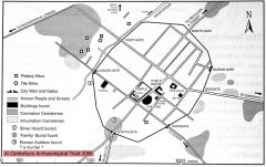 Canterburys gateplan og bymurer i grove trekk under romertiden. Illustrasjon: © Canterbury Archaeological Trust 2015 Canterbury, Cathedral, West gate, Christ Church Gate, Minster, Thomas Beckett, England, River Stour, The Weavers, romertid, middelalder, early british gothic, Storbritannia