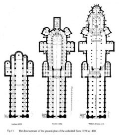 Katedralens grunnplan fra normannisk til ferdig gotisk utgave. Illustrasjon: © www.medievalarchitecturalgeometry.com Canterbury, Cathedral, West gate, Christ Church Gate, Minster, Thomas Beckett, England, River Stour, The Old Weavers House, romertid, middelalder, early british gothic, Storbritannia