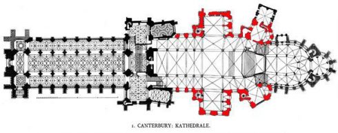 Den røde delen på plantegningen er koret, som ble gjenoppbygd og utvidet i gotisk stil av William av Sens. Illustrasjon: © Gérard Janot Canterbury, Cathedral, West gate, Christ Church Gate, Minster, Thomas Beckett, England, River Stour, The Old Weavers House, romertid, middelalder, early british gothic, Storbritannia