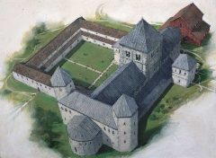 Slik ser man for seg at den angelsaksiske katedralen så ut. Illustrasjon: Ivan Lapper © Canterbury Archaeological Trust Ltd Canterbury, Cathedral, West gate, Christ Church Gate, Minster, Thomas Beckett, England, River Stour, The Old Weavers House, romertid, middelalder, early british gothic, Storbritannia