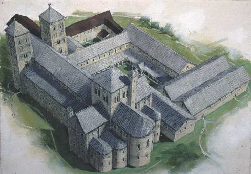 Den normanniske katedralen, rekonstruert. Illustrasjon: Ivan Lapper2 © Canterbury Archaeological Trust Ltd Canterbury, Cathedral, West gate, Christ Church Gate, Minster, Thomas Beckett, England, River Stour, The Old Weavers House, romertid, middelalder, early british gothic, Storbritannia