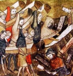 Pestens ofre begraves. Illustrasjon fra Canterbury, Cathedral, West gate, Christ Church Gate, Minster, Thomas Beckett, England, River Stour, The Weavers, romertid, middelalder, early british gothic, Storbritannia