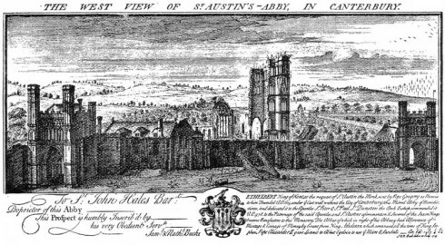 St Augustine's Abbey en gang på 1700-tallet, etter at forfallet har satt inn. Kilde: www.anglicanhistory.org Canterbury, Cathedral, West gate, Christ Church Gate, Minster, Thomas Beckett, England, River Stour, The Old Weavers House, romertid, middelalder, early british gothic, Storbritannia