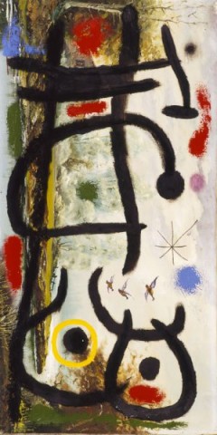 Joan Miró, Flight of ducks, woman, star, 1965. Olja på duk, 100 x 50 cm. Privat samling. © Successió Miró, 2017.