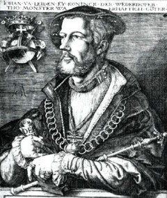 Jan van Leiden utropte seg til konge av "Det nye Jerusalem" i år 1534 og terroriserte byens befolkning. Kilde: Wikipedia Münster, Tyskland, Vest-Tyskland, Westfalen, Prinzipalmarkt, middelalder, Freden i Westfalen, Friedenssal, anabaptistene, LWL Museum Münster, Thürmerin, Dom St. Paul, Lamberti-kirche