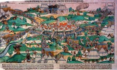 Illustrasjon som viser beleiringen av Münster i år 1534 for å gjøre slutt på Jan van Leidens redselsstyre, som fikk pågå i 16 måneder. Kilde: Wikipedia Münster, Tyskland, Vest-Tyskland, Westfalen, Kunstmuseum Pablo Picasso Münster, Aasee, Prinzipalmarkt, middelalder, Freden i Westfalen, Friedenssal, anabaptistene, LWL Museum Münster, Thürmerin, Dom St. Paul, Lamberti-kirche